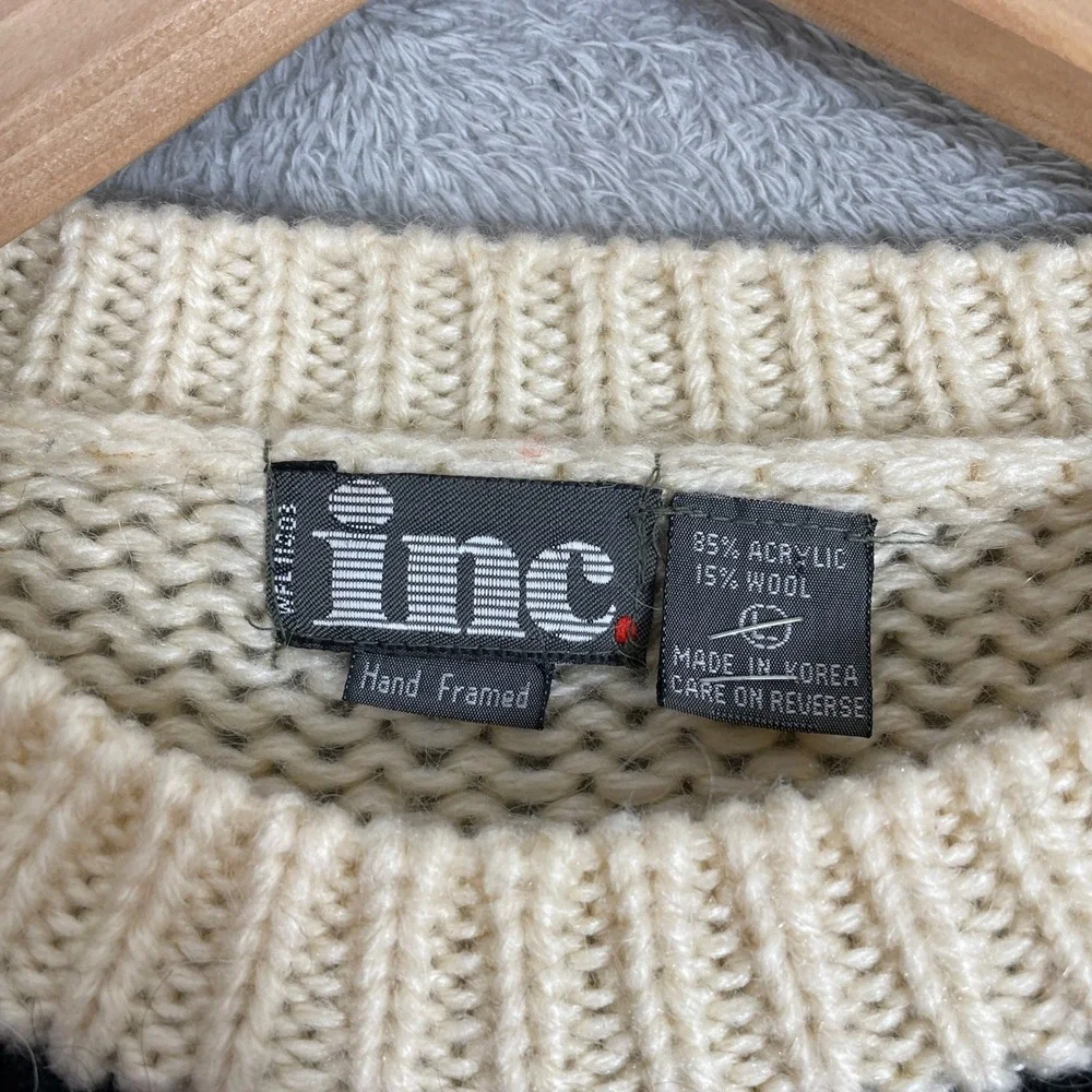 INC Fair Isle Sweater Mens XL Cream Wool Blend Snowflake Pine Tree Vintage 90s